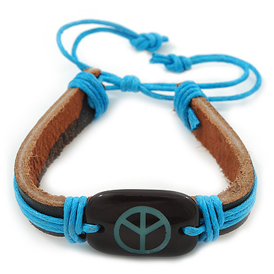 Unisex Dark Brown/ Light Blue Leather 'Peace' Friendship Bracelet - Adjustable - main view