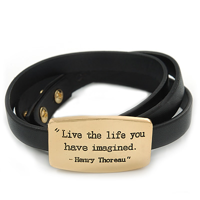 Black Leather 'Live the Life you have imagined' inscription by Henry Thoreau Wrap Bracelet (Gold Tone) - Adjustable