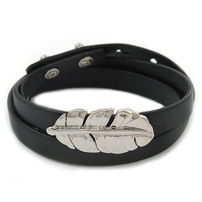 Black Leather Feather Wrap Bracelet (Silver Tone) - Adjustable - One size fits all - main view