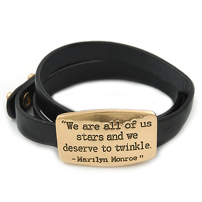 Black Leather 'We are all of us stars and we deserve to twinkle' inscription by Marilyn Monroe Wrap Bracelet (Gold Tone) - Adjustable