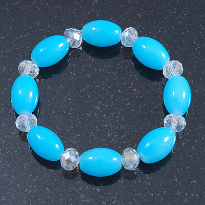 Light Blue/ Transparent Glass Bead Stretch Bracelet - 17cm Length