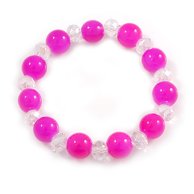 Bright Pink/ Transparent Round Glass Bead Stretch Bracelet - up to 18cm Length