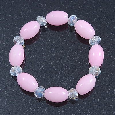 Baby Pink/ Transparent Glass Bead Stretch Bracelet - 17cm Length