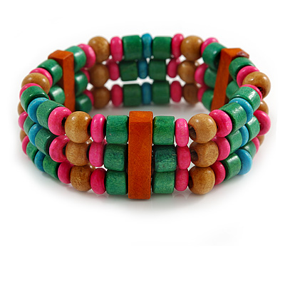 Multicoloured Wood Bead Flex Bracelet - 18cm Length