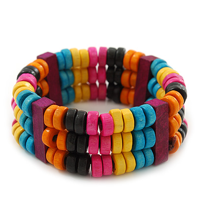 Multicoloured Wood Bead & Bar Flex Bracelet - 18cm Length