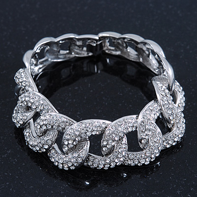 Glamorous Chunky Rhodium Plated Swarovski Elements Crystal Encrusted Chain Link Bracelet - 18cm Length