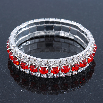 Bright Red/Clear Swarovski Crystal Flex Bracelet (Silver Tone Metal) - 18cm Length - main view