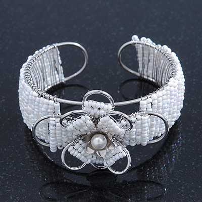 Fancy Glass Bead Floral Cuff Bracelet In Silver Tone - Adjustable - White