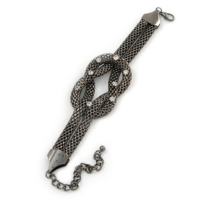 Chunky Gun Metal Mesh Chain 'Knot' Bracelet With Clear Crystals - 18cm (8cm Extension) - main view