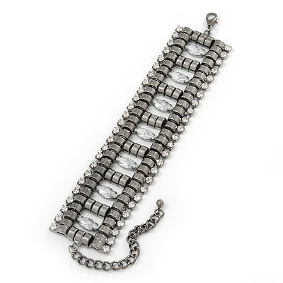 Wide Gun Metal Structured Bracelet With Clear Crystals - 17cm (9cm Extension)