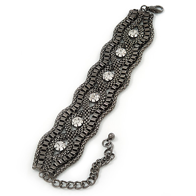 Wide Gun Metal Mesh Chain Structured Bracelet With Clear Crystals - 17cm (9cm Extension)