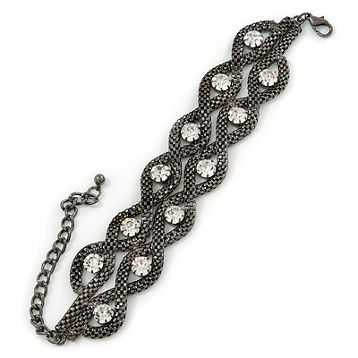 Chunky Gun Metal Mesh Chain Bracelet With Clear Crystals - 16cm (8cm Extension)