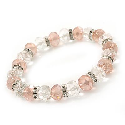 Pale Pink/ Transparent Glass Bead With Silver Tone Crystal Ring Stretch Bracelet - up to 21cm Length - main view