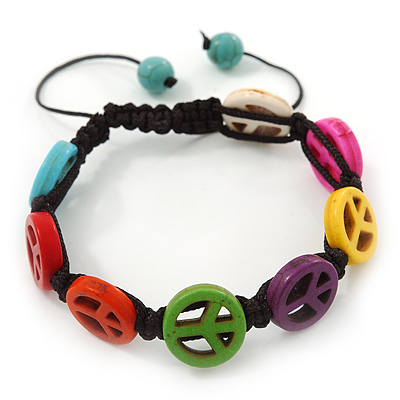 Unisex Multicoloured Plastic 'Peace' Friednship Bracelet On Black Silk String - Adjustable - main view