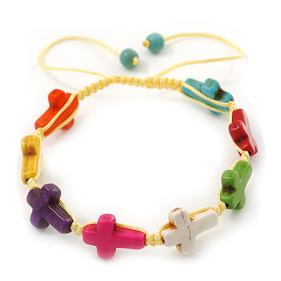 Unisex Multicoloured Plastic 'Cross' Friednship Bracelet On Silk String - Adjustable