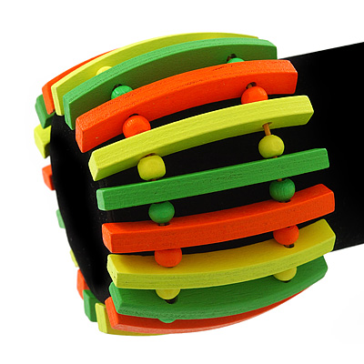 Teen Wide Neon Green/ Neon Orange/ Neon Yellow Wood Flex Bracelet - up to 17cm Length