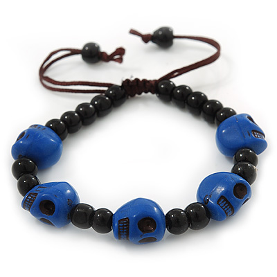 Dark Blue Acrylic Skull Bead Children/Girls/ Petites Teen Friendship Bracelet On Black String - (13cm to 16cm) Adjustable - main view