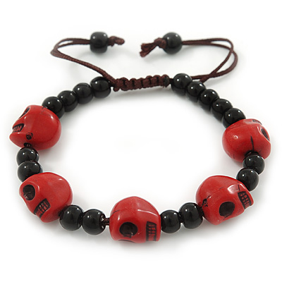 Dark Red Acrylic Skull Bead Children/Girls/ Petites Teen Friendship Bracelet On Black String - (13cm to 16cm) Adjustable