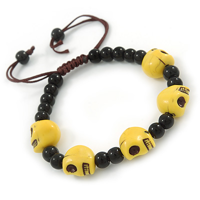Yellow Acrylic Skull Bead Children/Girls/ Petites Teen Friendship Bracelet On Black String - (13cm to 16cm) Adjustable