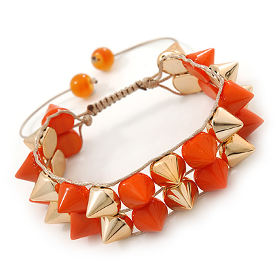 Orange/ Gold Acrylic Spike Friendship Bracelet On Beige Silk Cord - Adjustable - main view