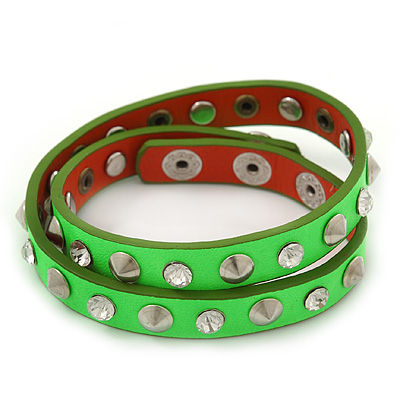 Neon Green Leather Style Crystal and Spike Studded Wrap Bracelet - Adjustable (One Size Fits All) - main view