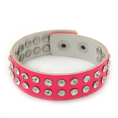 Crystal Studded Neon Pink Faux Leather Strap Bracelet - Adjustable up to 20cm