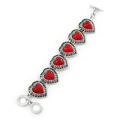 Vintage Inspired 'Hearts' With Red Ceramic Stones Bracelet With T-Bar Closure In Burn Silver Metal - 18cm Length