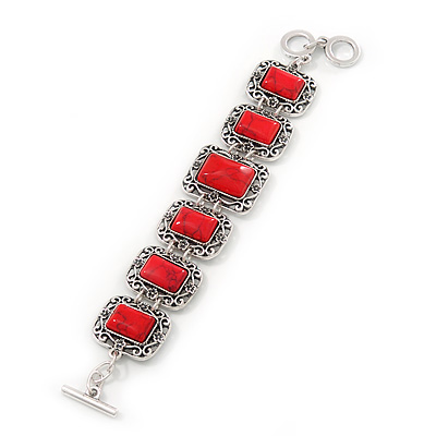 Vintage Red Ceramic Stone Square Filigree Bracelet With Toggle Clasp -18cm Length - main view