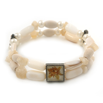 Two Strand Shell, Glass, Imitation Pearl Bead Flex Bracelet (Cream, Antique White) - 18cm Length - main view