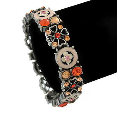 Vintage Inspired Floral Enamel, Crystal Flex Bracelet In Pewter Tone Metal (Pink, Citrine) - 18cm Length