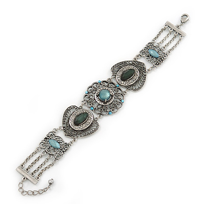 Victorian Style Filigree, Green, Blue Coloured Bead Bracelet In Antique Silver Tone - 17cm L/ 3cm Ext
