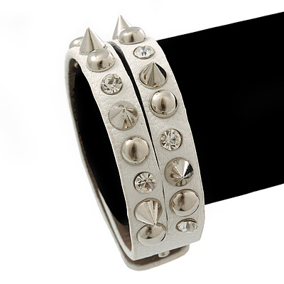 Crystal Studded White Faux Leather Strap Bracelet (Silver Tone) - Adjustable up to 22cm