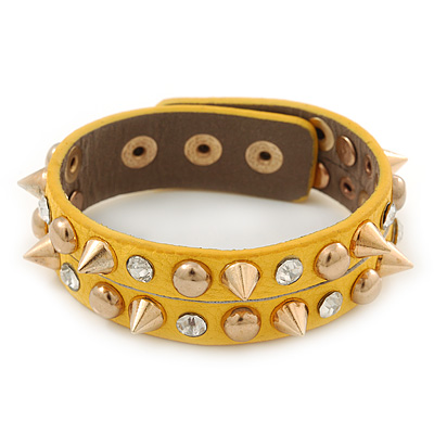 Crystal Studded Yellow Faux Leather Strap Bracelet (Gold Tone) - Adjustable up to 22cm - main view
