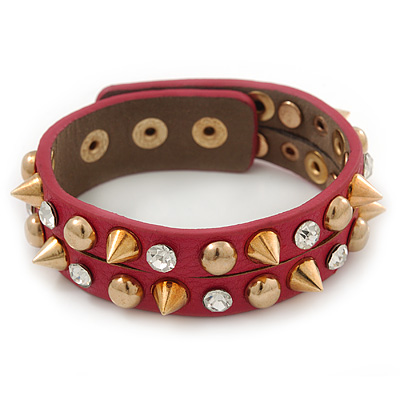 Crystal Studded Deep Pink Faux Leather Strap Bracelet (Gold Tone) - Adjustable up to 22cm
