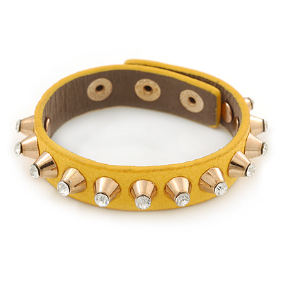 Crystal Studded Yellow Faux Leather Strap Bracelet (Gold Tone) - Adjustable up to 20cm - main view