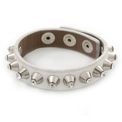Crystal Studded White Faux Leather Strap Bracelet (Silver Tone) - Adjustable up to 20cm - main view