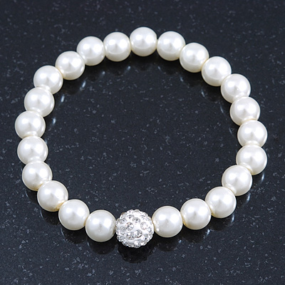 Bridal/ Prom/ Wedding 8mm White Glass Bead With Clear Swarovski Crystal Ball Flex Bracelet - 18cm Length