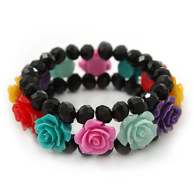 Romantic Multicoloured Resin Rose, Black Glass Bead Flex Bracelet - 19cm Length