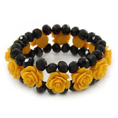 Romantic Yellow Resin Rose, Black Glass Bead Flex Bracelet - 19cm Length - main view