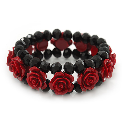 Romantic Dark Red Resin Rose, Black Glass Bead Flex Bracelet - 19cm Length