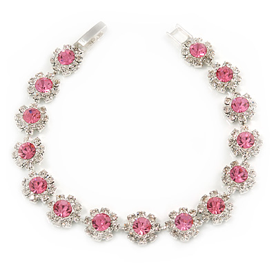 Light Pink/ Clear Austrian Crystal Floral Bracelet In Rhodium Plated Metal - 17cm L