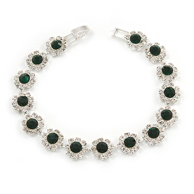 Emerald Green/ Clear Austrian Crystal Floral Bracelet In Rhodium Plated Metal - 17cm L