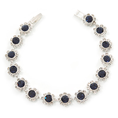 Montana Blue/ Clear Swarovski Crystal Floral Bracelet In Rhodium Plated Metal - 17cm L