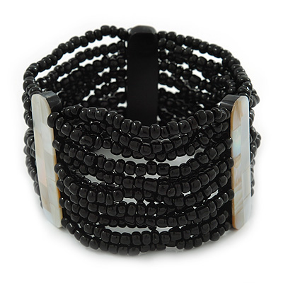 Wide Multistrand Black Glass Beaded Flex Bracelet With Mother Of Pearl Bars - 21cm L