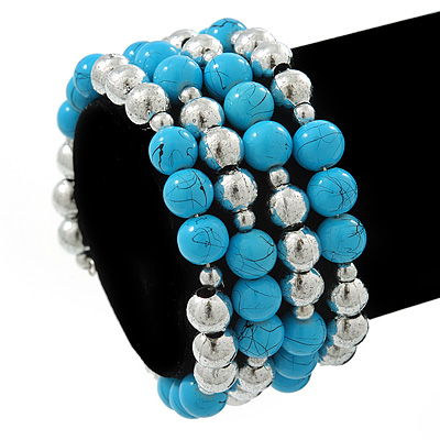 Light Blue Ceramic & Worn Silver Tone Acrylic Bead Coiled Flex Bracelet - Adjustable
