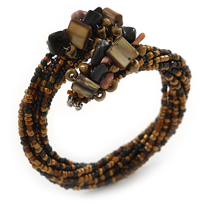 Brown, Black, Gold Cluster Glass Bead Flex Wire Bracelet - Adjustable