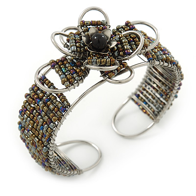 Fancy Glass Peacock Bead Floral Cuff Bracelet In Silver Tone - Adjustable