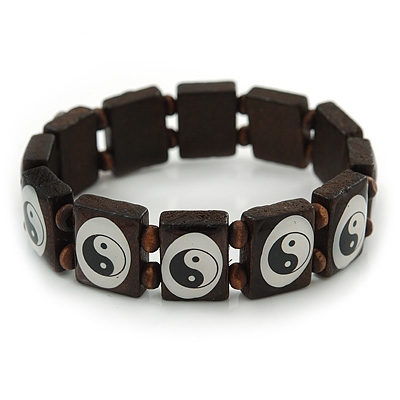 'Yin Yang' Stretch Brown Wooden Bracelet - Adjustable - main view