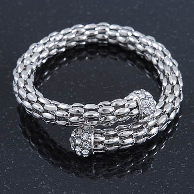 Silver Tone Mesh Flex Bangle Crystal Bracelet