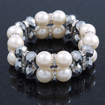 Chunky Imitation Pearl & Mirror Silver Glass Bead, Crystal Flex Bracelet - 19cm L